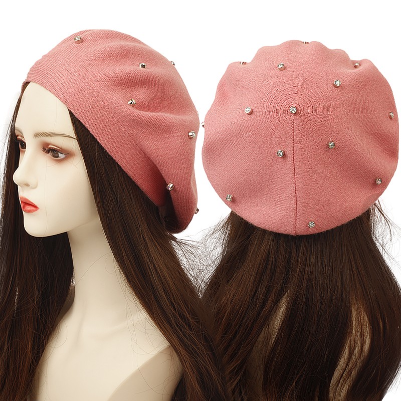 Beret French Wool - Topi Baret Wanita Berhiaskan Rhinestone Warna-warni,