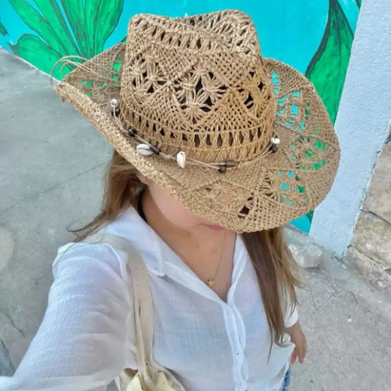 Cowboy Hat Straw - Topi Jerami Musim Panas Pantai Wanita