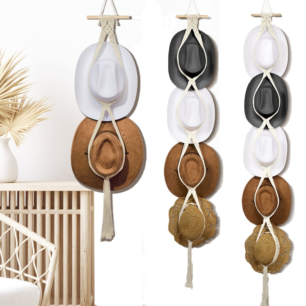 Sun Hat Wide Brim - Gantungan Topi Bohemian Macrame, Rak Penyimpanan